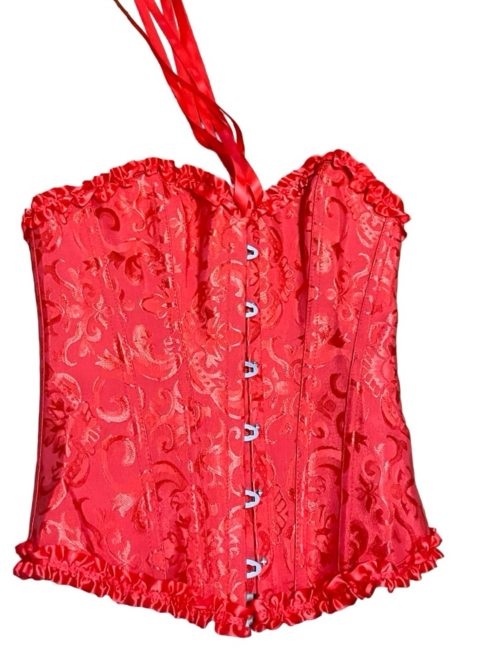 Red Floral Brocade Overbust Corset Front Busk Closure Sz S Punk Burlesque Rocky